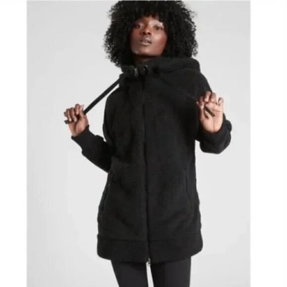 Athleta Black Tugga Full Zip Mid Length Sherpa Jacket S $168 - Picture 1 of 6